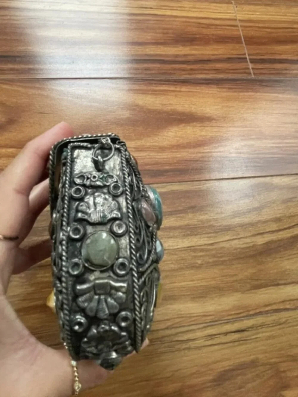 The Vintage Sajai Filigree Metal Purse with Agate Stones is a handcrafted piece
